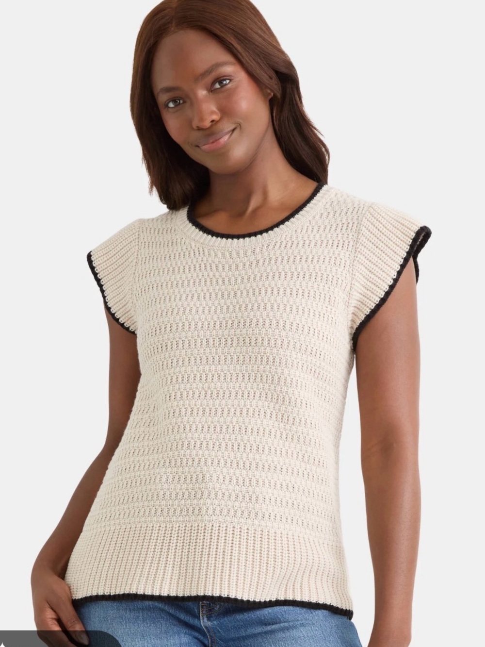 NWT Time and Tru Cream Short-Sleeve Knit Top with Black Trim XS